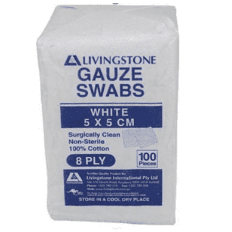 100 Cotton Gauze Swabs 8 Ply (White) 5cm x 5cm